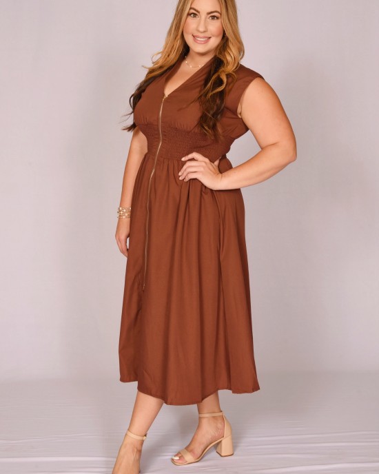 Brown Zip up Midi Dress