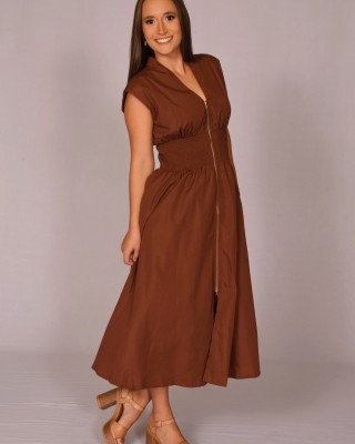 Brown Zip up Midi Dress