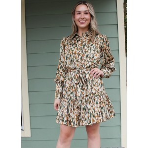 Long Sleeve Green and Brown Print Dress